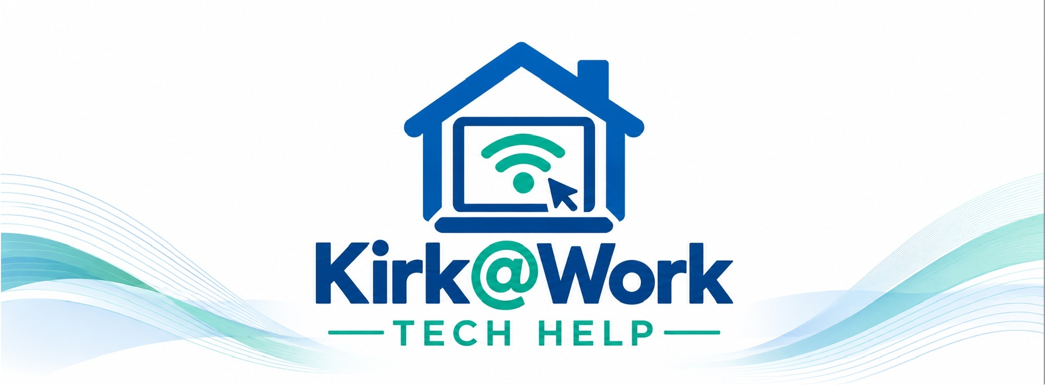 Kirk@Work Tech Help blue and teal home technology logo with flowing waves